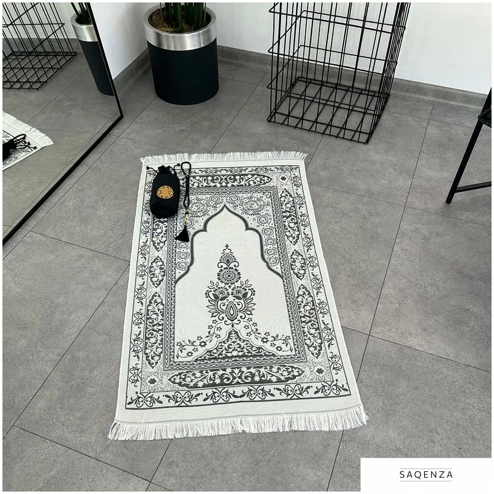 Tapis de prière musulmane – Tapis de prière musulman – Sac de voyage et perles de prière – Cadeaux musulmans pour hommes, femmes et enfants (noir) – Image 4