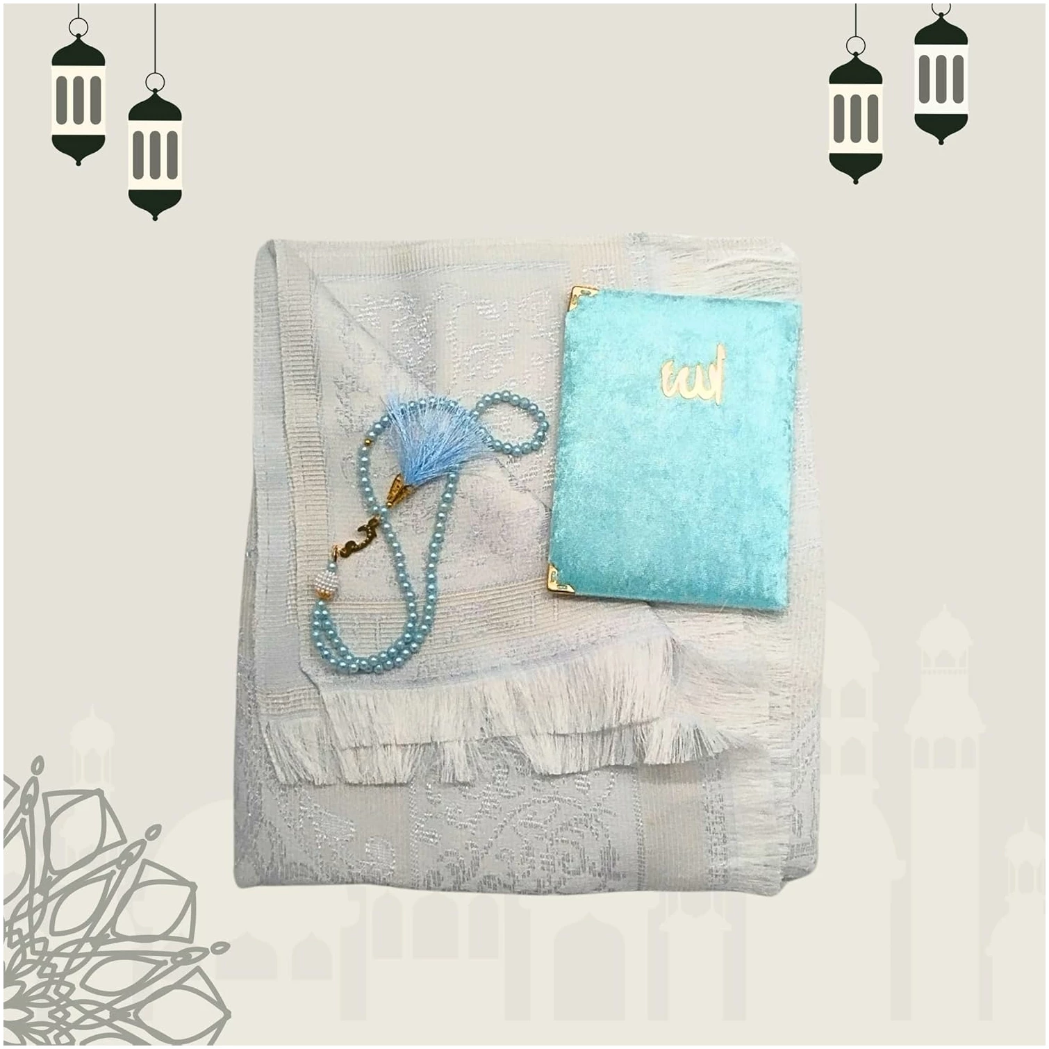 Tapis de prière islamique avec perles de Tasbih et sourate pour Omra et Hajj - Cadeau musulman parfait pour hommes, femmes et enfants (bleu clair) – Image 3