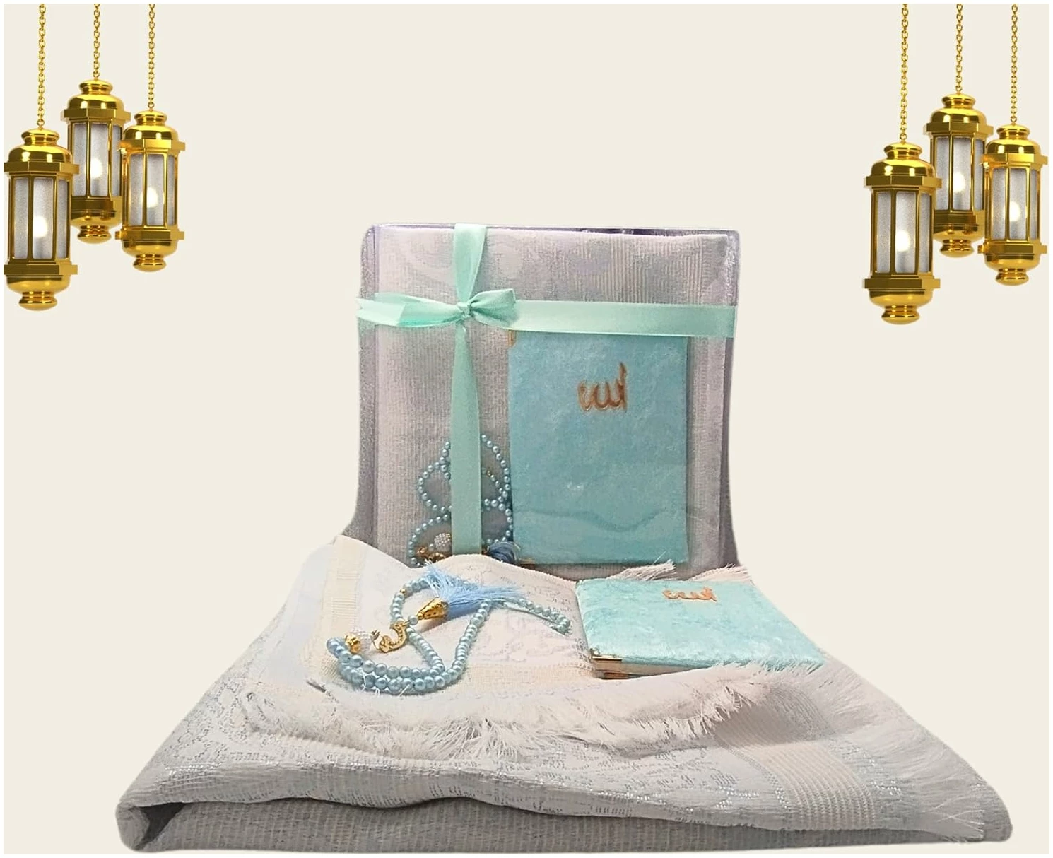 Tapis de prière islamique avec perles de Tasbih et sourate pour Omra et Hajj - Cadeau musulman parfait pour hommes, femmes et enfants (bleu clair) – Image 7