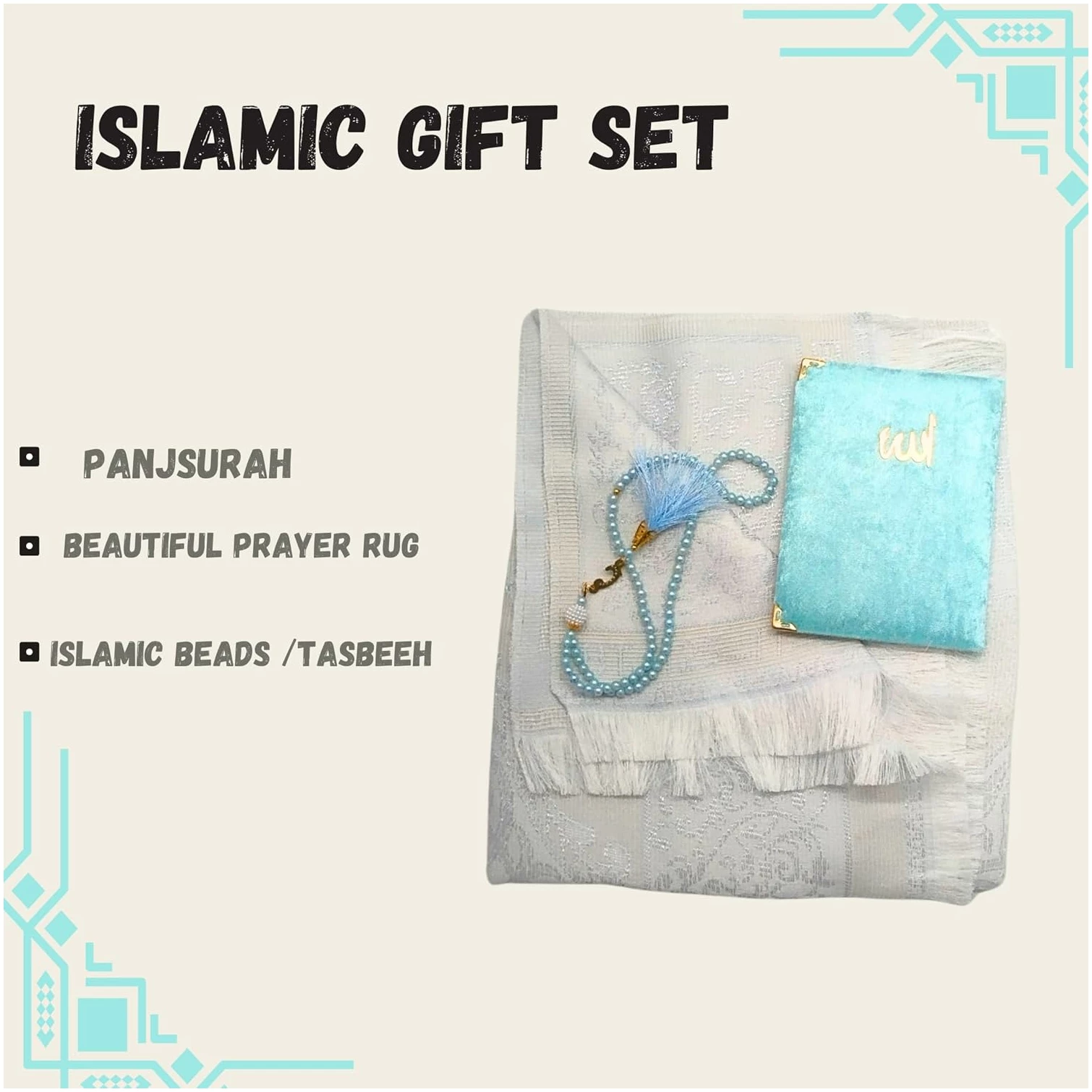 Tapis de prière islamique avec perles de Tasbih et sourate pour Omra et Hajj - Cadeau musulman parfait pour hommes, femmes et enfants (bleu clair) – Image 5