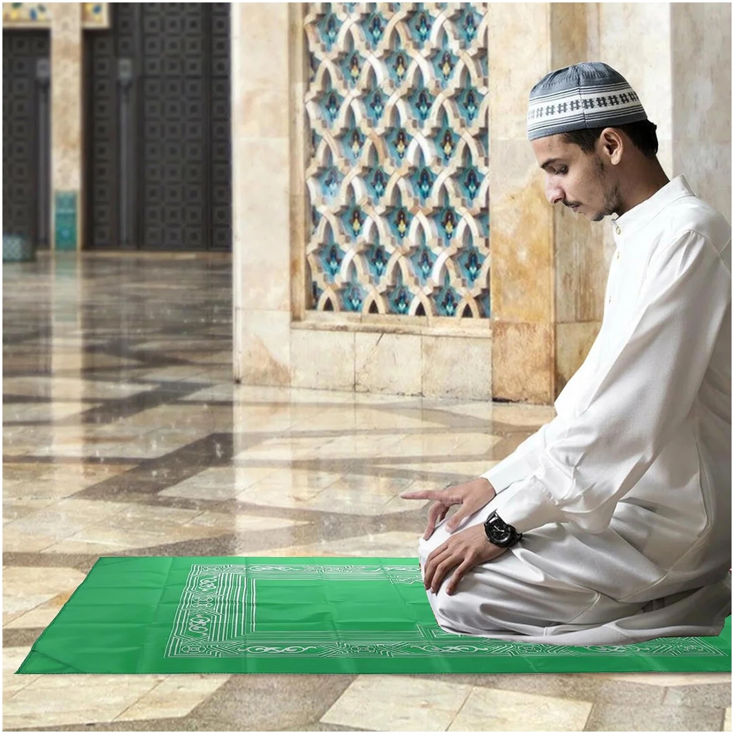 Tapis de Priere de Poche,Portable Couleur Tapis,Tapis de prière de Voyage,Tapis de Prière,Tapis de Prière Etanche avec Boussole,60 x 100cm (Vert) – Image 2