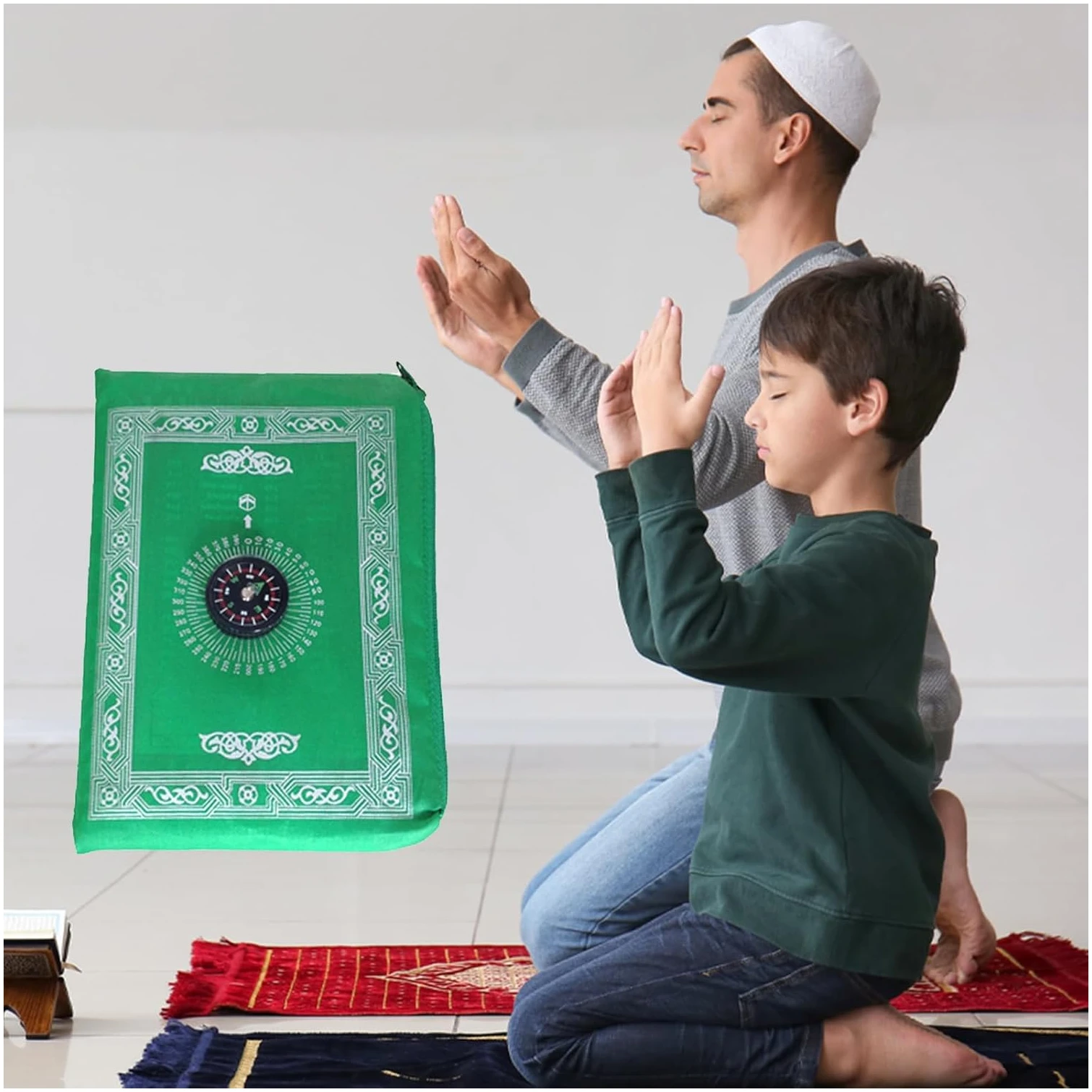 Tapis de Priere de Poche,Portable Couleur Tapis,Tapis de prière de Voyage,Tapis de Prière,Tapis de Prière Etanche avec Boussole,60 x 100cm (Vert) – Image 4