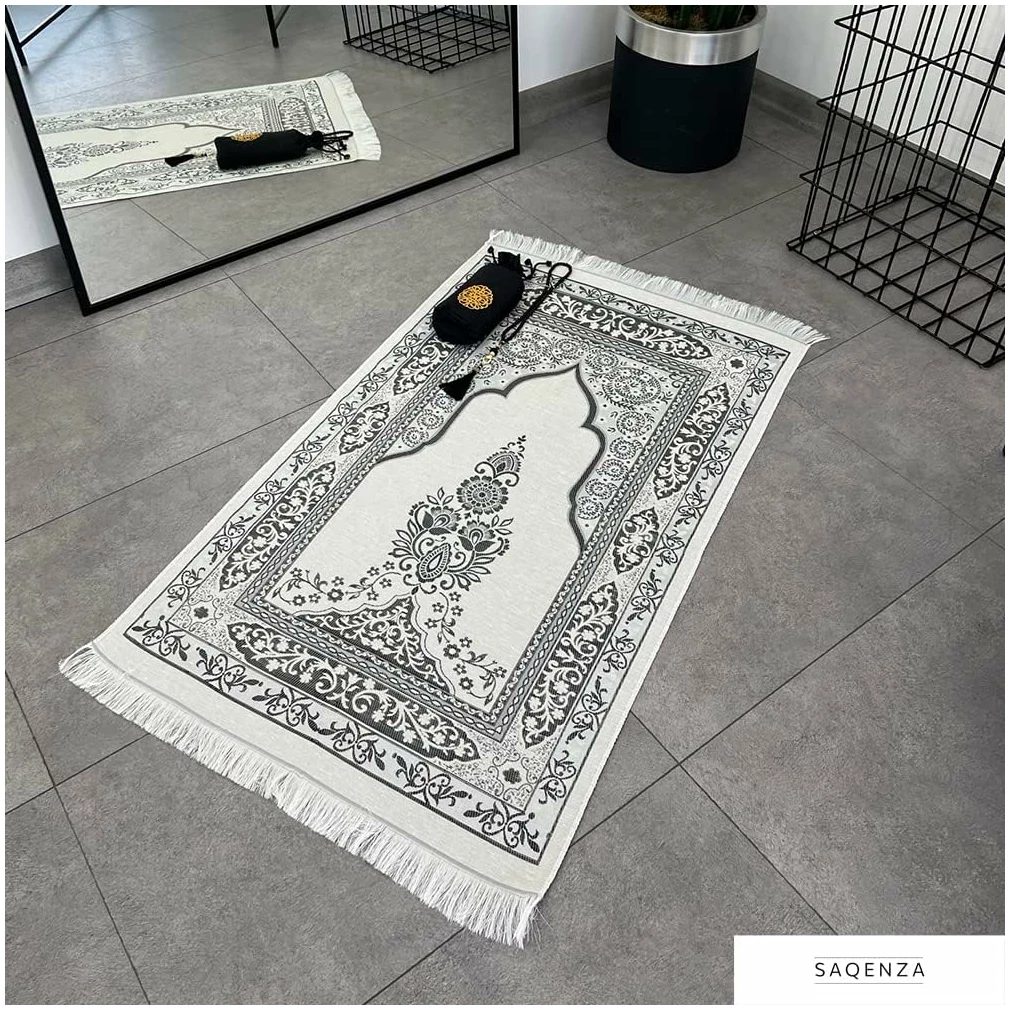Tapis de prière musulmane – Tapis de prière musulman – Sac de voyage et perles de prière – Cadeaux musulmans pour hommes, femmes et enfants (noir) – Image 5