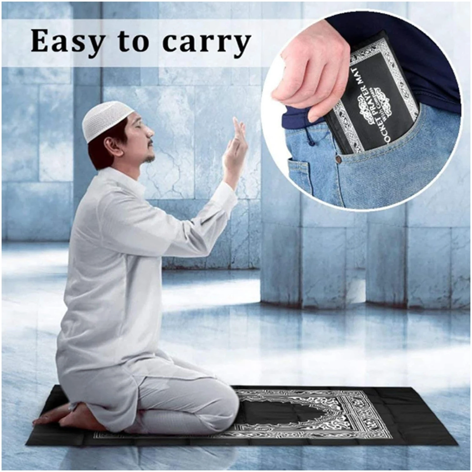 Couverture de pèlerinage imprimée Tapis de prière Tapis de prière de voyage portable grand format avec boussole Tapis musulmans Hall d'église Accessoires de culte religieux islamique Couverture – Image 6