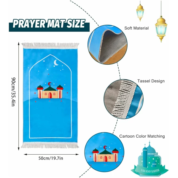 Tapis de prière islamique pour enfants - Motif dessin animé - Janamaz - Sajadah - Cadeau de salah, Ramadan et l'Aïd pour garçons/filles (maison bleue) – Image 6