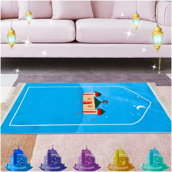 Tapis de prière islamique pour enfants - Motif dessin animé - Janamaz - Sajadah - Cadeau de salah, Ramadan et l'Aïd pour garçons/filles (maison bleue) – Image 7
