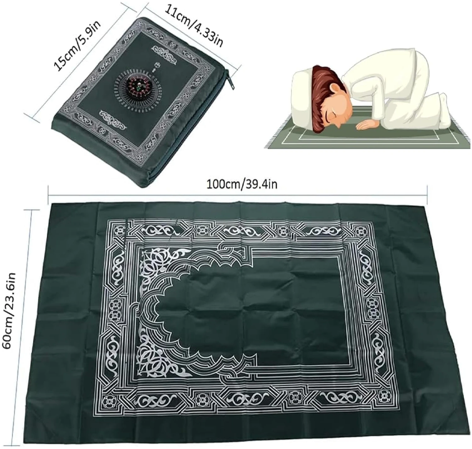 Portable Couleur Tapis,Tapis de Priere de Poche,Tapis de Prière Musulmane,Prière Musulmane avec Compass Format,Vert Format de Poche Tapis de Prière Ompass,avec Boussole et Sac de Transport 60 x 100cm – Image 3