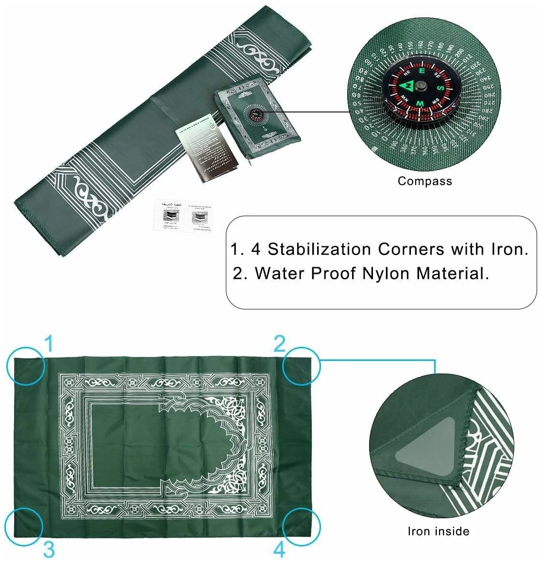 Tapis de Priere de Poche,Tapis de Priere Islamique, de Voyage avec Boussole et Sac de Transport, en Polyester Etanche 60 x 100cm – Image 5