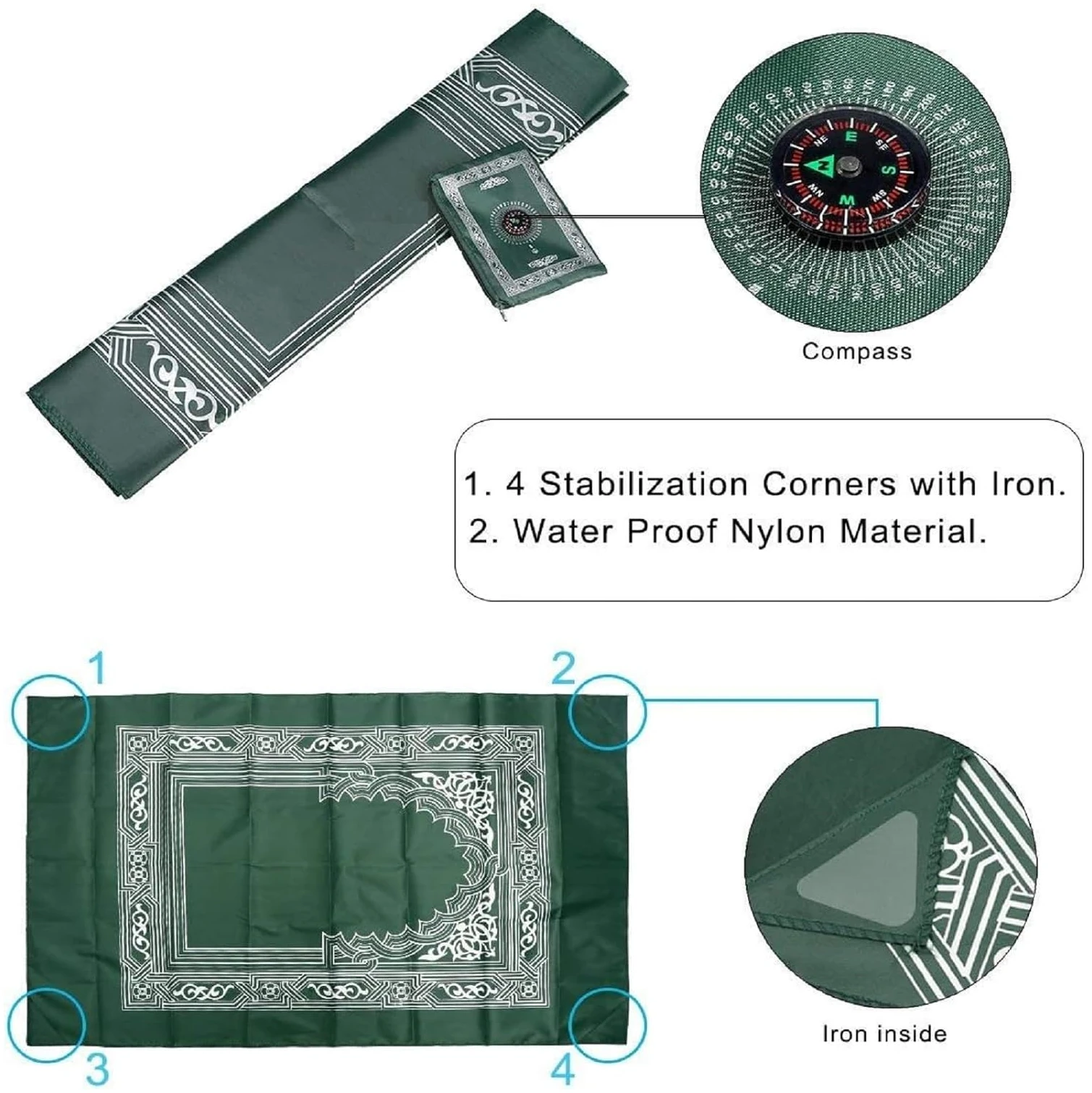 Portable Couleur Tapis,Tapis de Priere de Poche,Tapis de Prière Musulmane,Prière Musulmane avec Compass Format,Vert Format de Poche Tapis de Prière Ompass,avec Boussole et Sac de Transport 60 x 100cm – Image 4