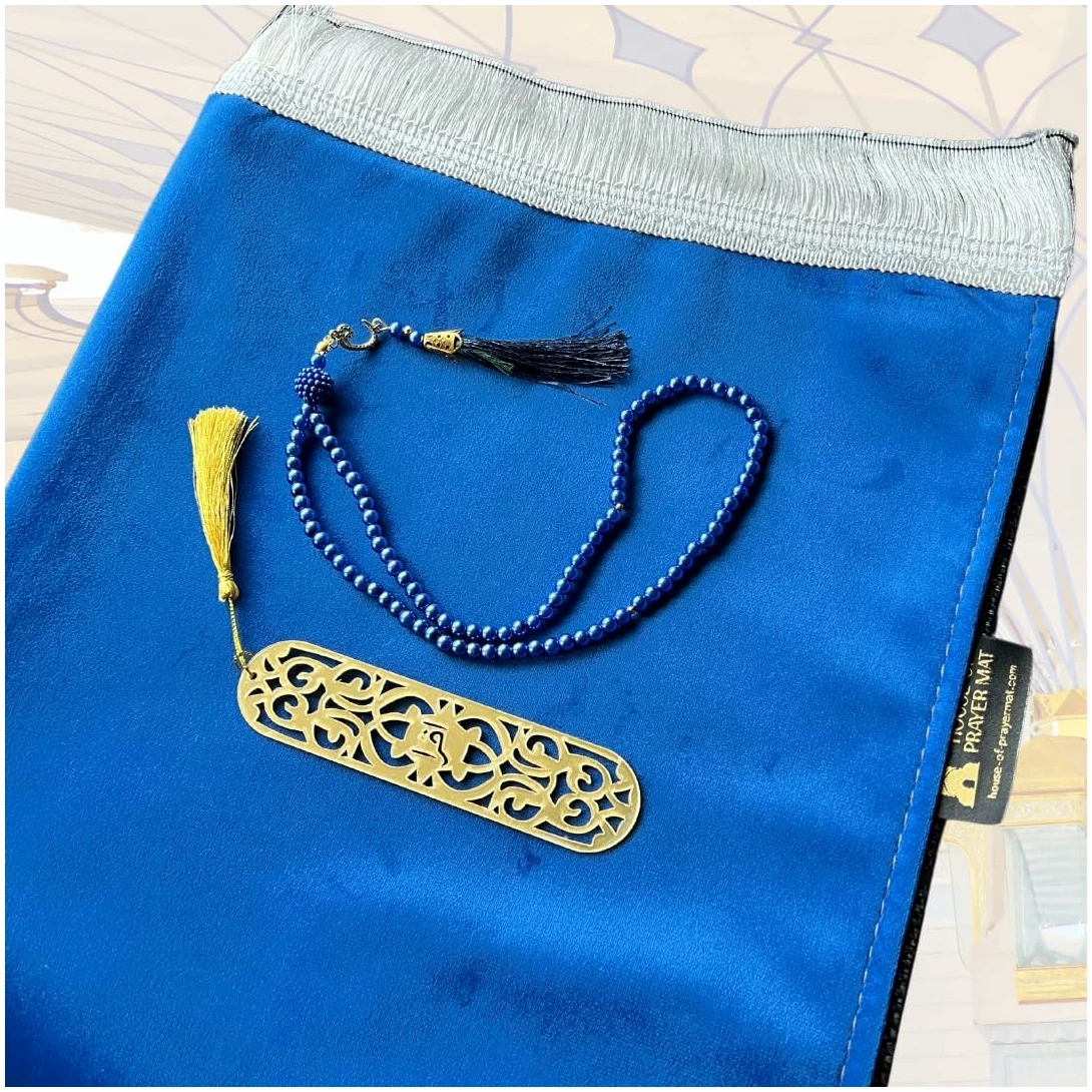 Kit Tapis de prière Musulman sans Motif + 1x chapelet + 1x Marque Page | Cadeau Musulman Islam Fille garçon | Fabriqué en Turquie (Bleu) – Image 4