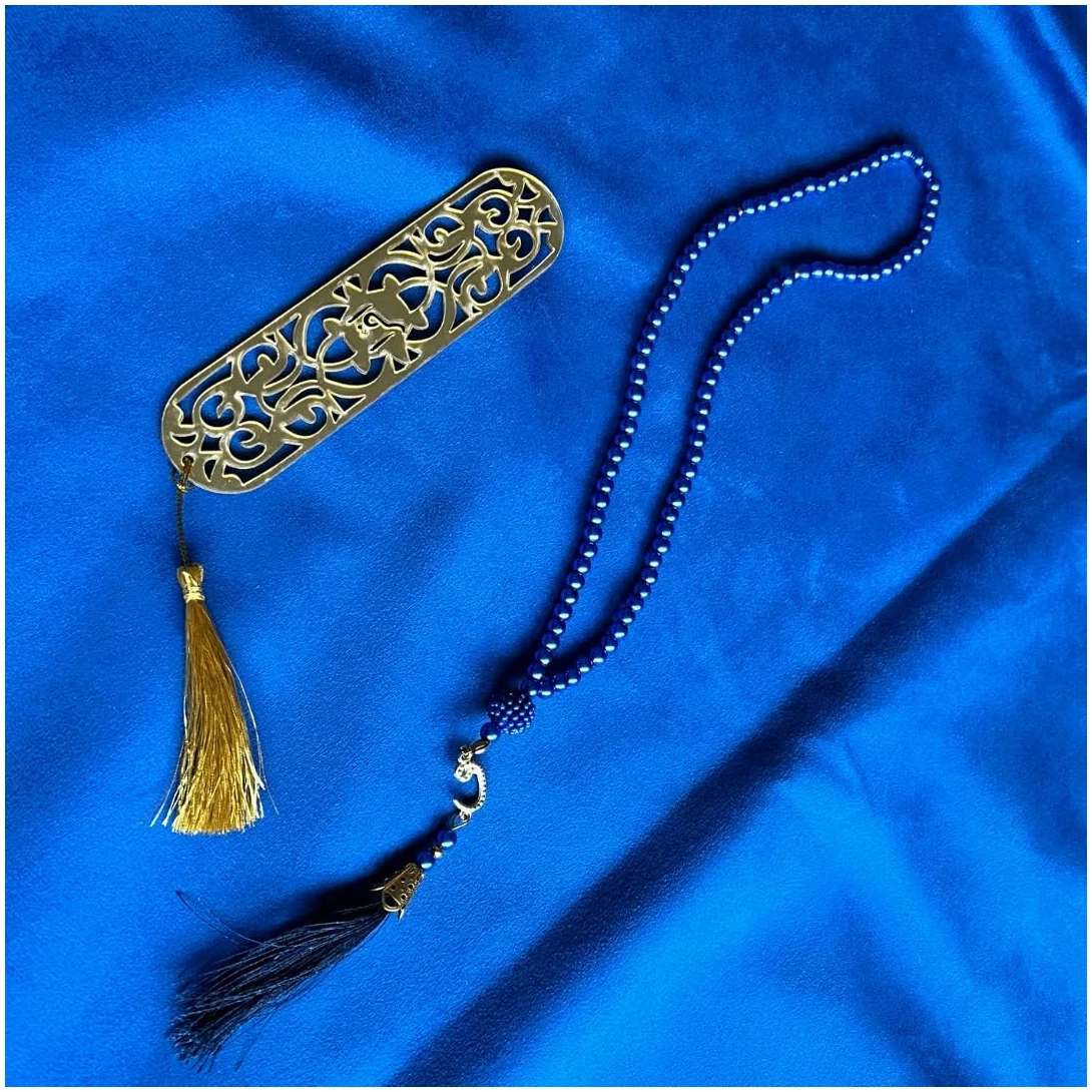 Kit Tapis de prière Musulman sans Motif + 1x chapelet + 1x Marque Page | Cadeau Musulman Islam Fille garçon | Fabriqué en Turquie (Bleu) – Image 3