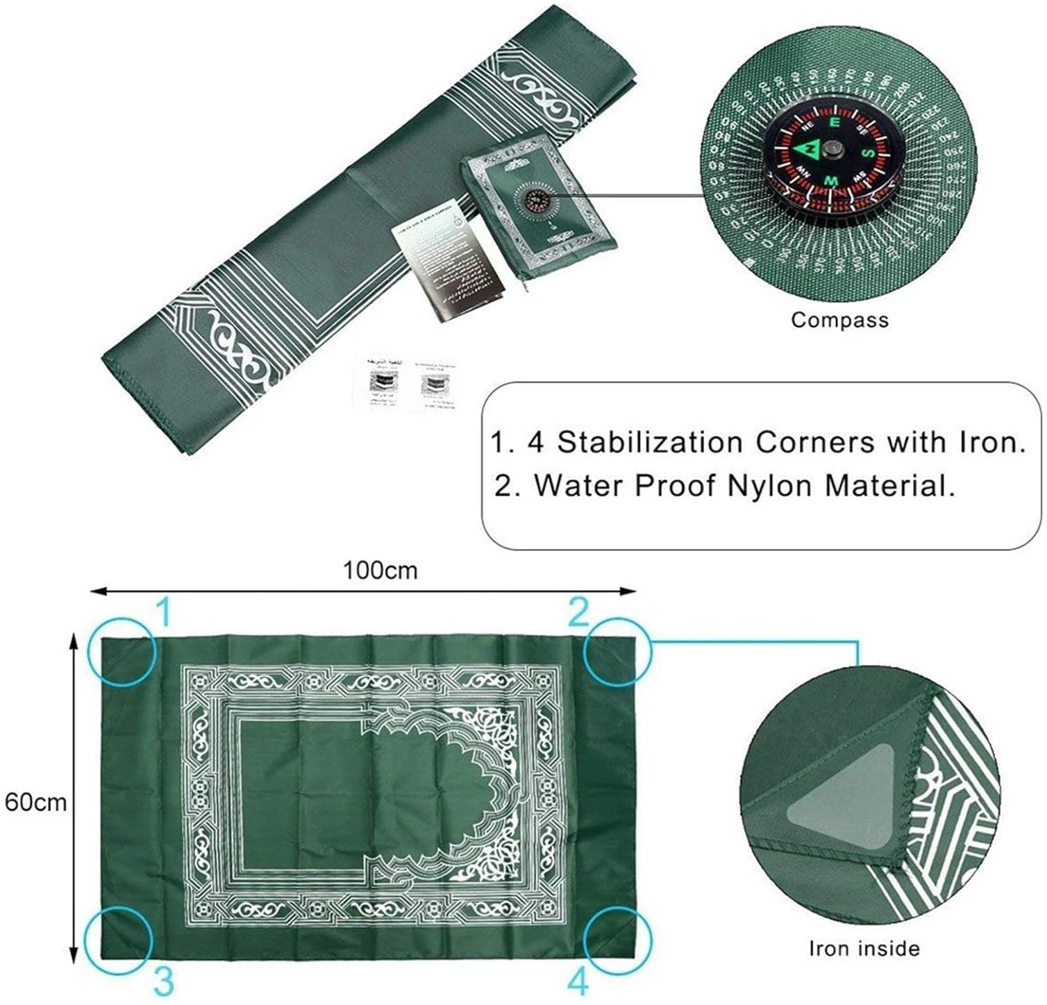 Tapis de prière arabe - Tapis de prière islamique - Compas de voyage musulmans - Tapis de pèlerinage pour la maison - Lavable - Tapis de prière – Image 3