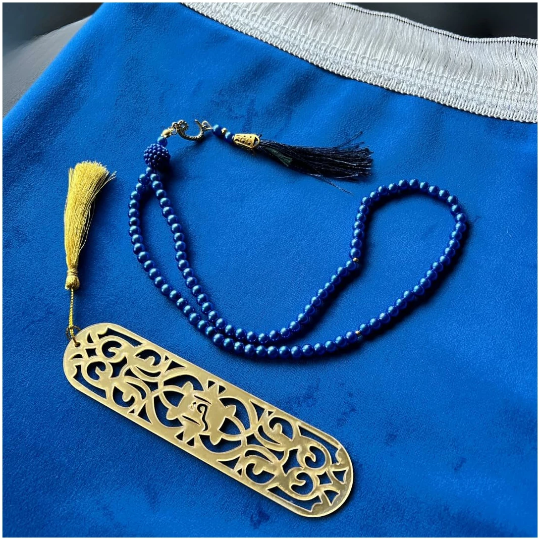 Kit Tapis de prière Musulman sans Motif + 1x chapelet + 1x Marque Page | Cadeau Musulman Islam Fille garçon | Fabriqué en Turquie (Bleu) – Image 5