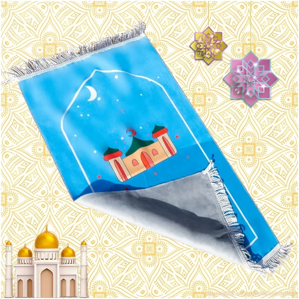 Tapis de prière islamique pour enfants - Motif dessin animé - Janamaz - Sajadah - Cadeau de salah, Ramadan et l'Aïd pour garçons/filles (maison bleue) – Image 5