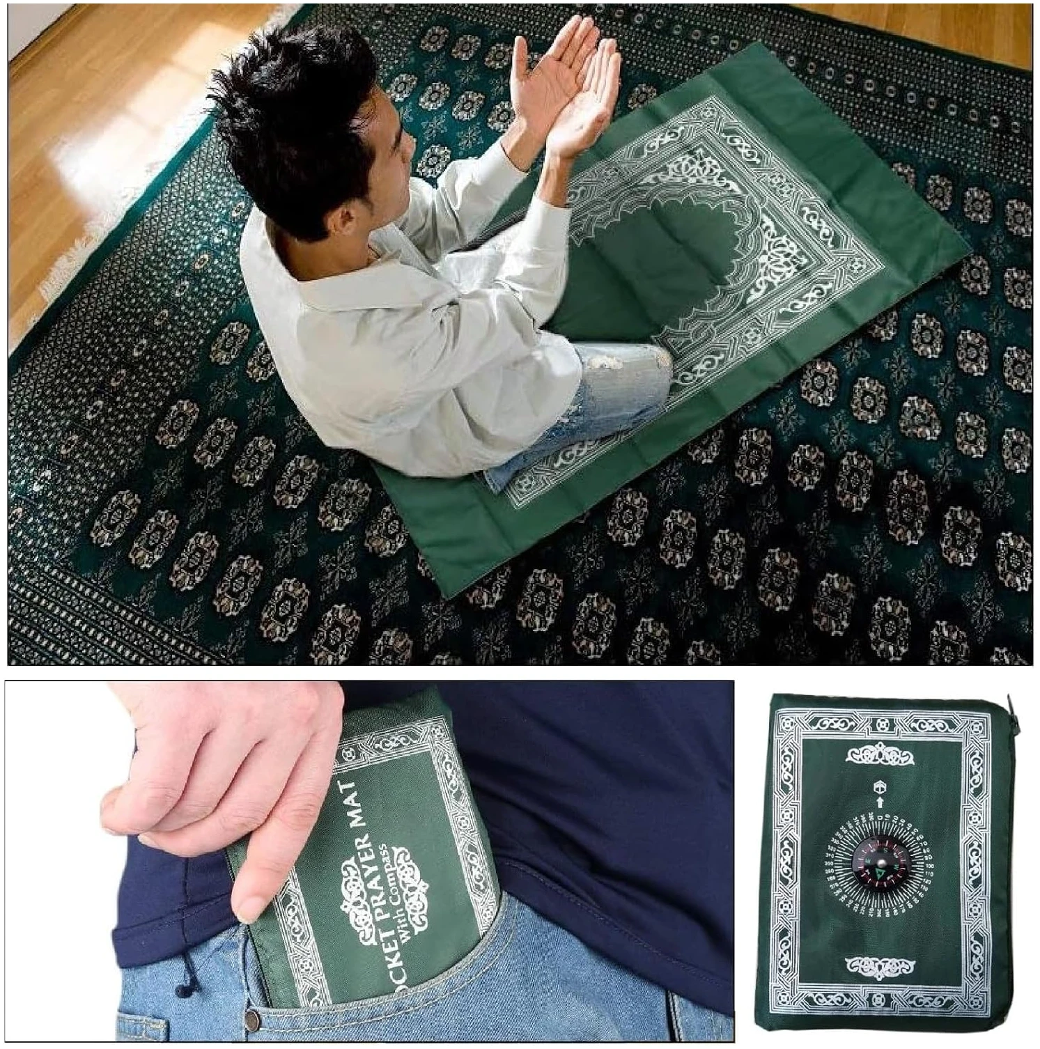 Portable Couleur Tapis,Tapis de Priere de Poche,Tapis de Prière Musulmane,Prière Musulmane avec Compass Format,Vert Format de Poche Tapis de Prière Ompass,avec Boussole et Sac de Transport 60 x 100cm – Image 5