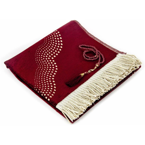 Tapis de prière Musulmane avec Perles | Janamaz | Sajadah | Tapis de prière Islamique Doux avec Motif Mihrab | Cadeaux islamiques | Tapis de prière en Tissu Chenille, Bordeaux – Image 2