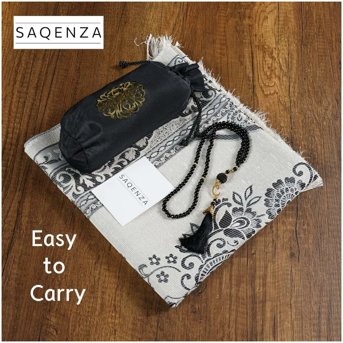 Tapis de prière musulmane – Tapis de prière musulman – Sac de voyage et perles de prière – Cadeaux musulmans pour hommes, femmes et enfants (noir) – Image 6