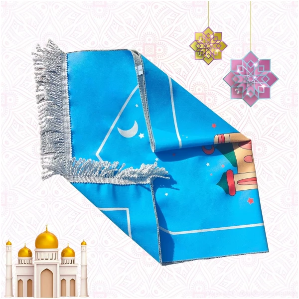 Tapis de prière islamique pour enfants - Motif dessin animé - Janamaz - Sajadah - Cadeau de salah, Ramadan et l'Aïd pour garçons/filles (maison bleue) – Image 2