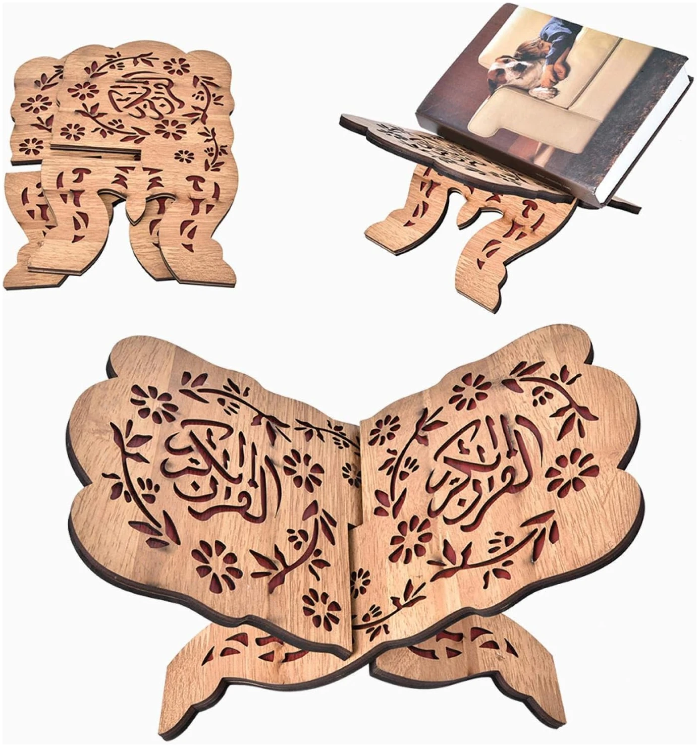 Coran Support Livre, Support de Livre Musulman en Bois Sculpté à La Main, Cadre de Repos Support pour Livre de Cuisine Cook Stand pour Eid Mubarak Décoration Parti Fournitures Islamique 29.2 cm – Image 9