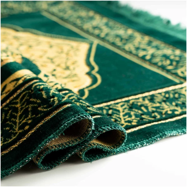 Tapis de prière islamique en velours pour musulmans, tapis de prière islamique en peluche douce, Janamaz, Sajada, tapis de prière, motif La Mecque, vert foncé – Image 4