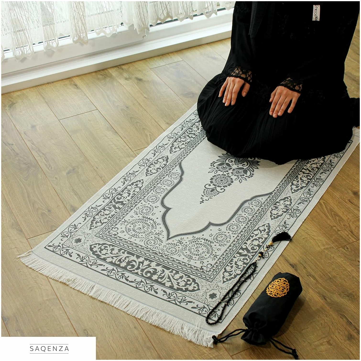 Tapis de prière musulmane – Tapis de prière musulman – Sac de voyage et perles de prière – Cadeaux musulmans pour hommes, femmes et enfants (noir) – Image 2