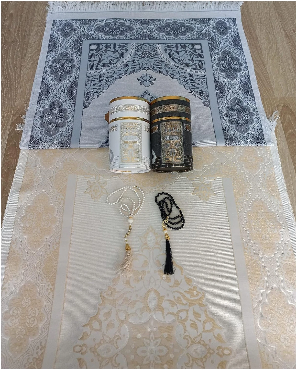 RAMSE Tapis de prière musulmane, deux tapis de prière et perles de prière avec boîte cadeau cylindrique motif Kaaba, cadeaux islamiques, Janamaz, Sajadah (style kaaba) – Image 5