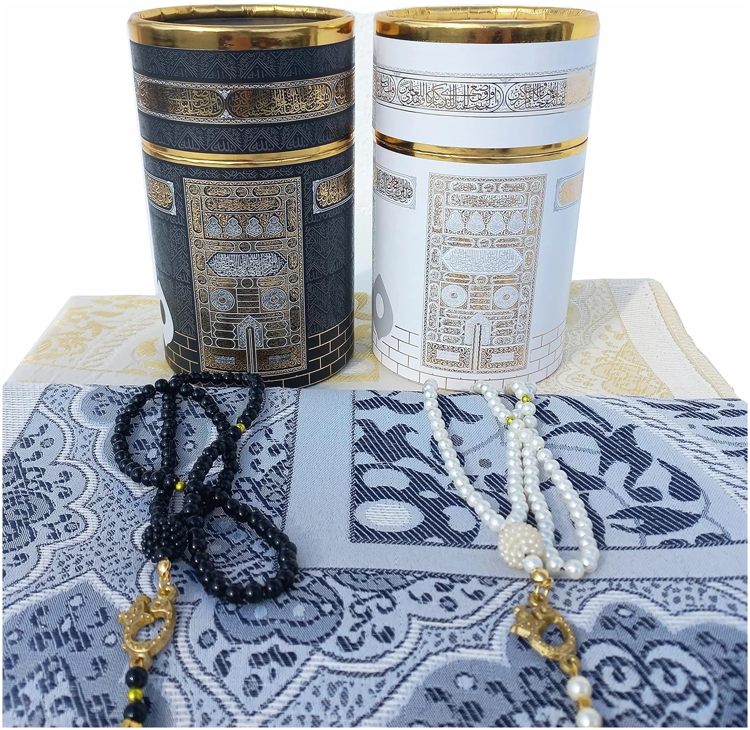 RAMSE Tapis de prière musulmane, deux tapis de prière et perles de prière avec boîte cadeau cylindrique motif Kaaba, cadeaux islamiques, Janamaz, Sajadah (style kaaba) – Image 6