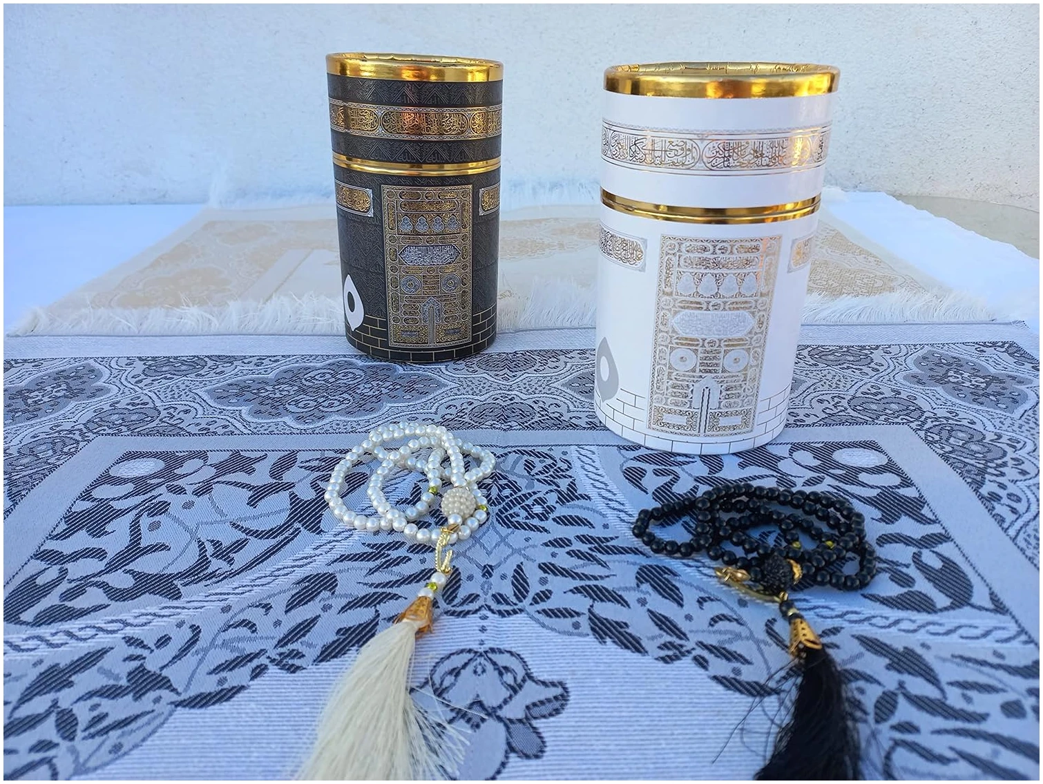 RAMSE Tapis de prière musulmane, deux tapis de prière et perles de prière avec boîte cadeau cylindrique motif Kaaba, cadeaux islamiques, Janamaz, Sajadah (style kaaba) – Image 4