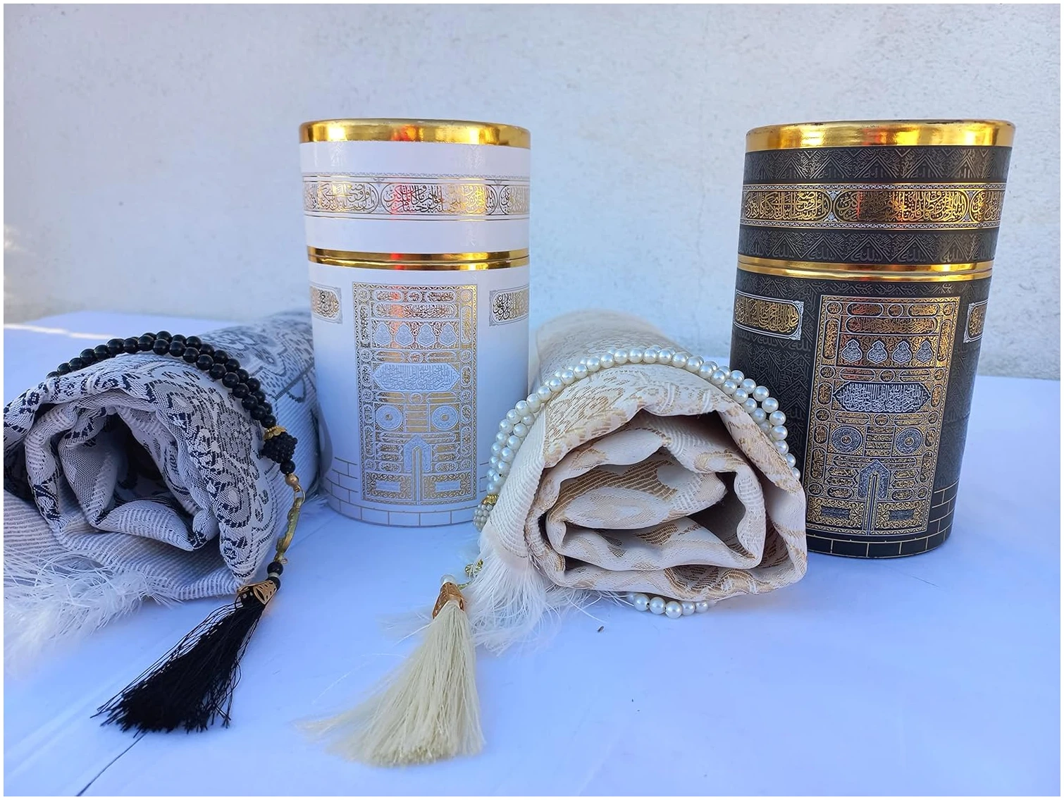 RAMSE Tapis de prière musulmane, deux tapis de prière et perles de prière avec boîte cadeau cylindrique motif Kaaba, cadeaux islamiques, Janamaz, Sajadah (style kaaba) – Image 3