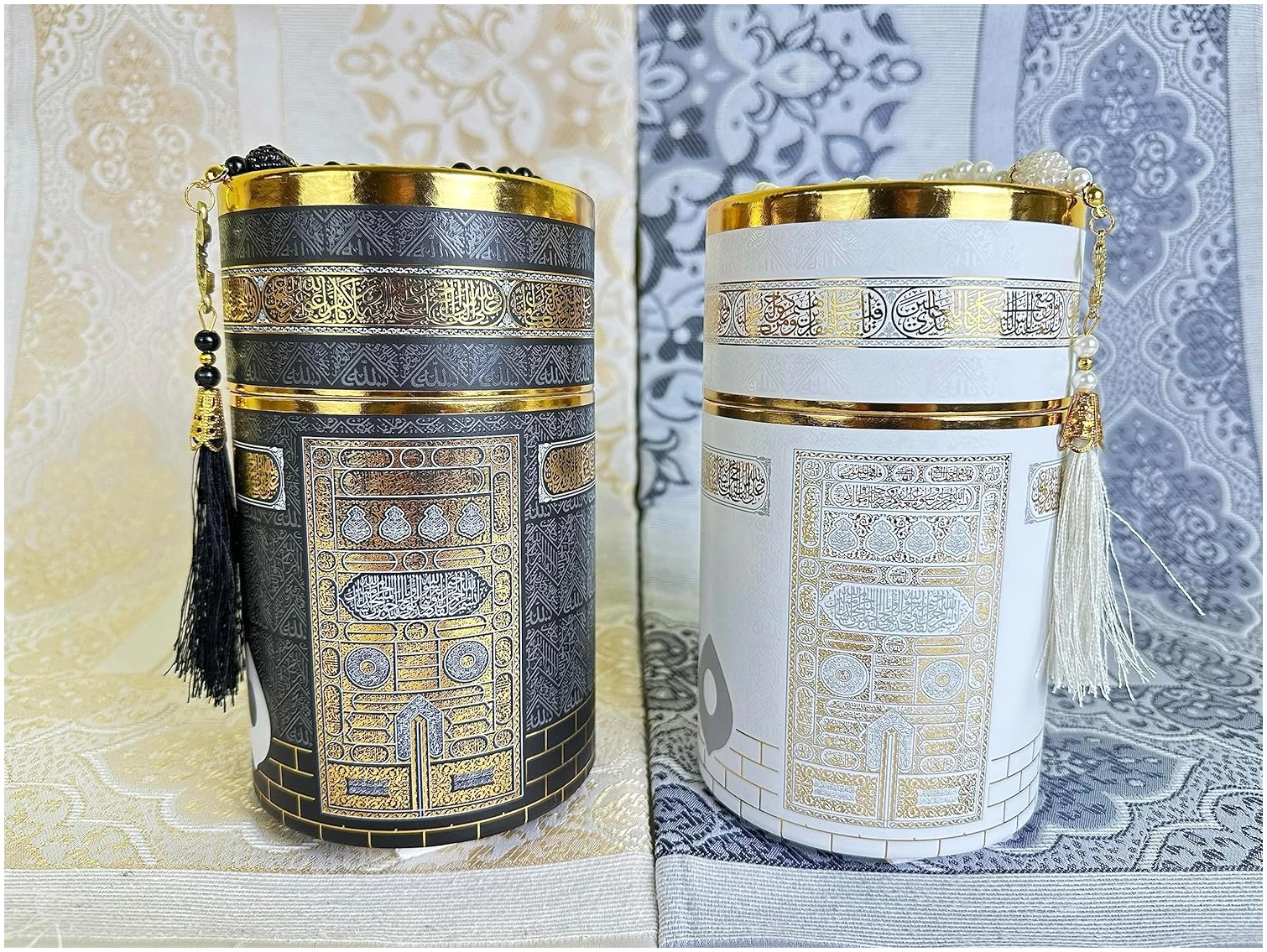 RAMSE Tapis de prière musulmane, deux tapis de prière et perles de prière avec boîte cadeau cylindrique motif Kaaba, cadeaux islamiques, Janamaz, Sajadah (style kaaba) – Image 2