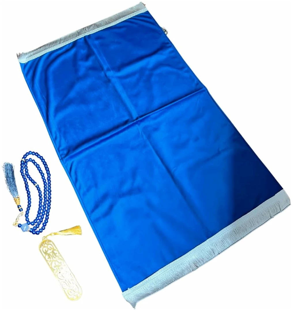 Kit Tapis de prière Musulman sans Motif + 1x chapelet + 1x Marque Page | Cadeau Musulman Islam Fille garçon | Fabriqué en Turquie (Bleu)