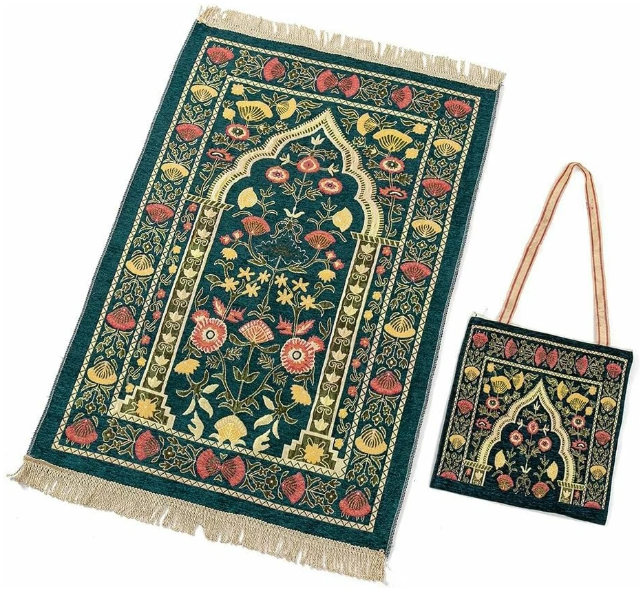 Faxianther Tapis de Prière Musulman avec Sac de Rangement Tapis de Prière Islamique Pliable Tapis Portable en Chenille 110 x 70 cm