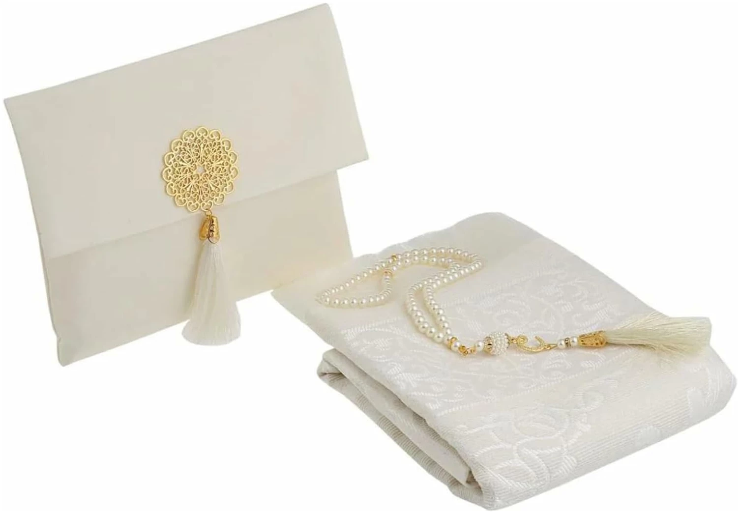 Tapis De Priere Musulman avec Perles De Prière pour Femme Et Homme, Cadeaux Bayram, Ramadan, Islamique, Ensemble De Cadeau Coffret pour Seccade Namaz Islam (Couleur Crème)