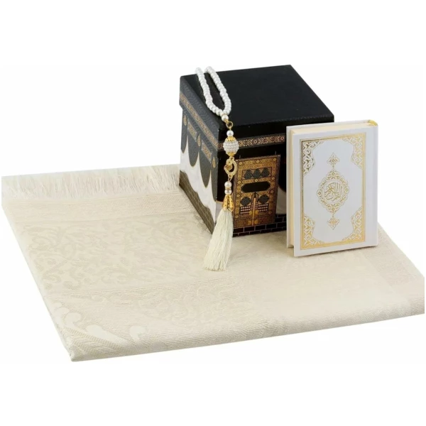 Prien Tapis de prière musulmane et Coran avec perles de prière, boîte décorative Kaaba, cadeau islamique pour homme et femme, tapis en taffetas, anniversaire, voyage (crème)