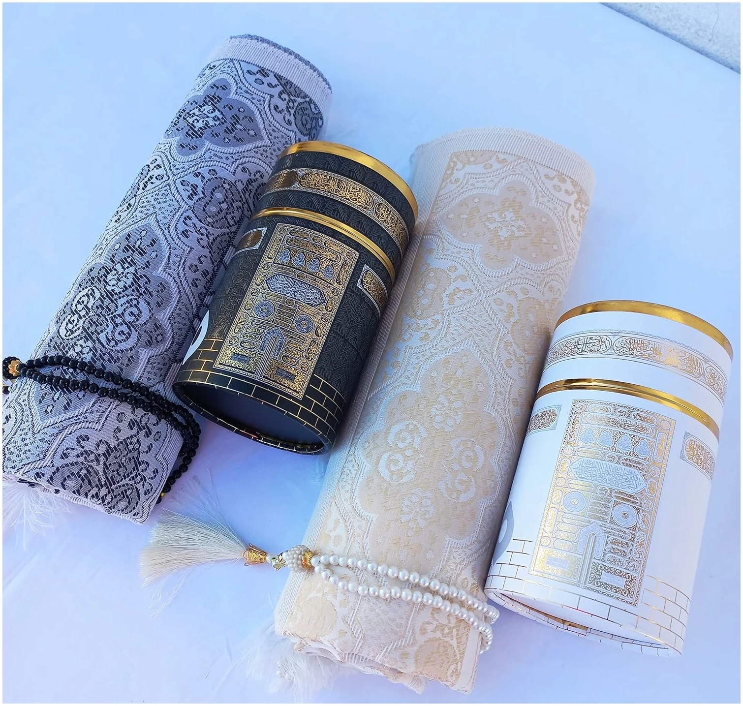 RAMSE Tapis de prière musulmane, deux tapis de prière et perles de prière avec boîte cadeau cylindrique motif Kaaba, cadeaux islamiques, Janamaz, Sajadah (style kaaba)