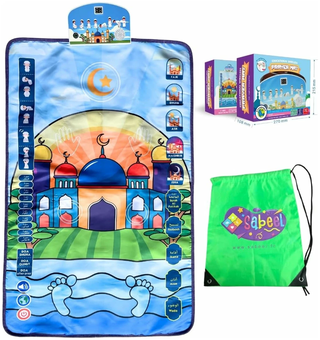 Tapis de prière électronique interactif Musulman pour Enfants - Apprentissage ludique et éducatif de la prière (Bleu)