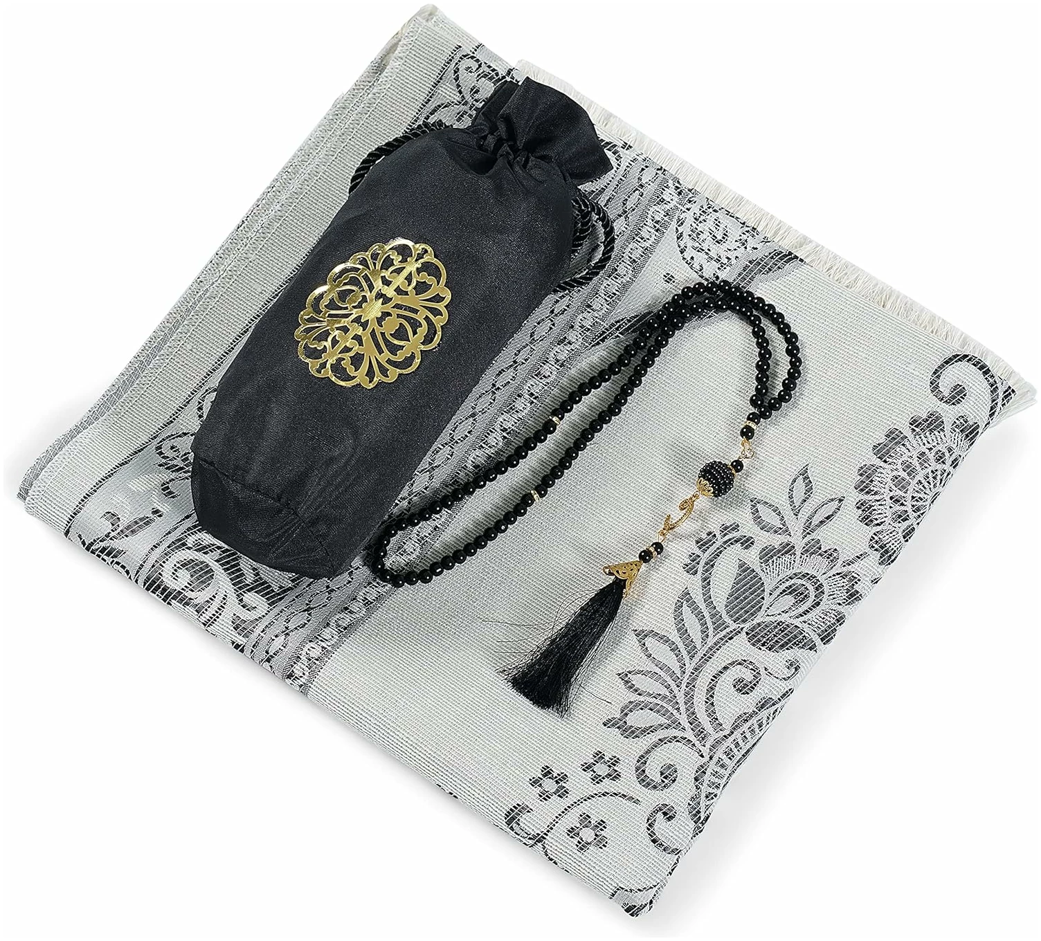 Tapis de prière musulmane – Tapis de prière musulman – Sac de voyage et perles de prière – Cadeaux musulmans pour hommes, femmes et enfants (noir)