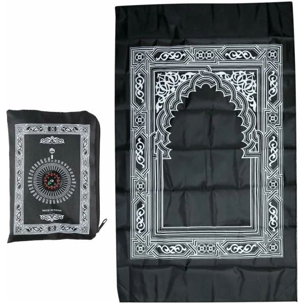 Tapis de Prière Musulman Islam avec Boussole et Sac de Transport 60x100cm, Portable Couleur Tapis de Priere Poche Tapis de Culte Ramadan pour Priere Islamique épais et Islamic Prayer Tapis Noir