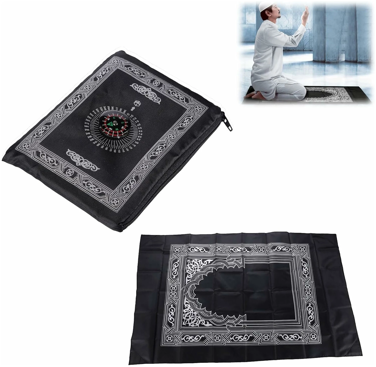 Tapis de Prière Musulmane,Tapis de Prière Islamique de Voyage,Tapis de Prière Etanche avec Boussole,Tapis de Prière Islamique Turc,Tapis de Priere de Poche,Portable Couleur Tapis,60 X 100cm,Noir