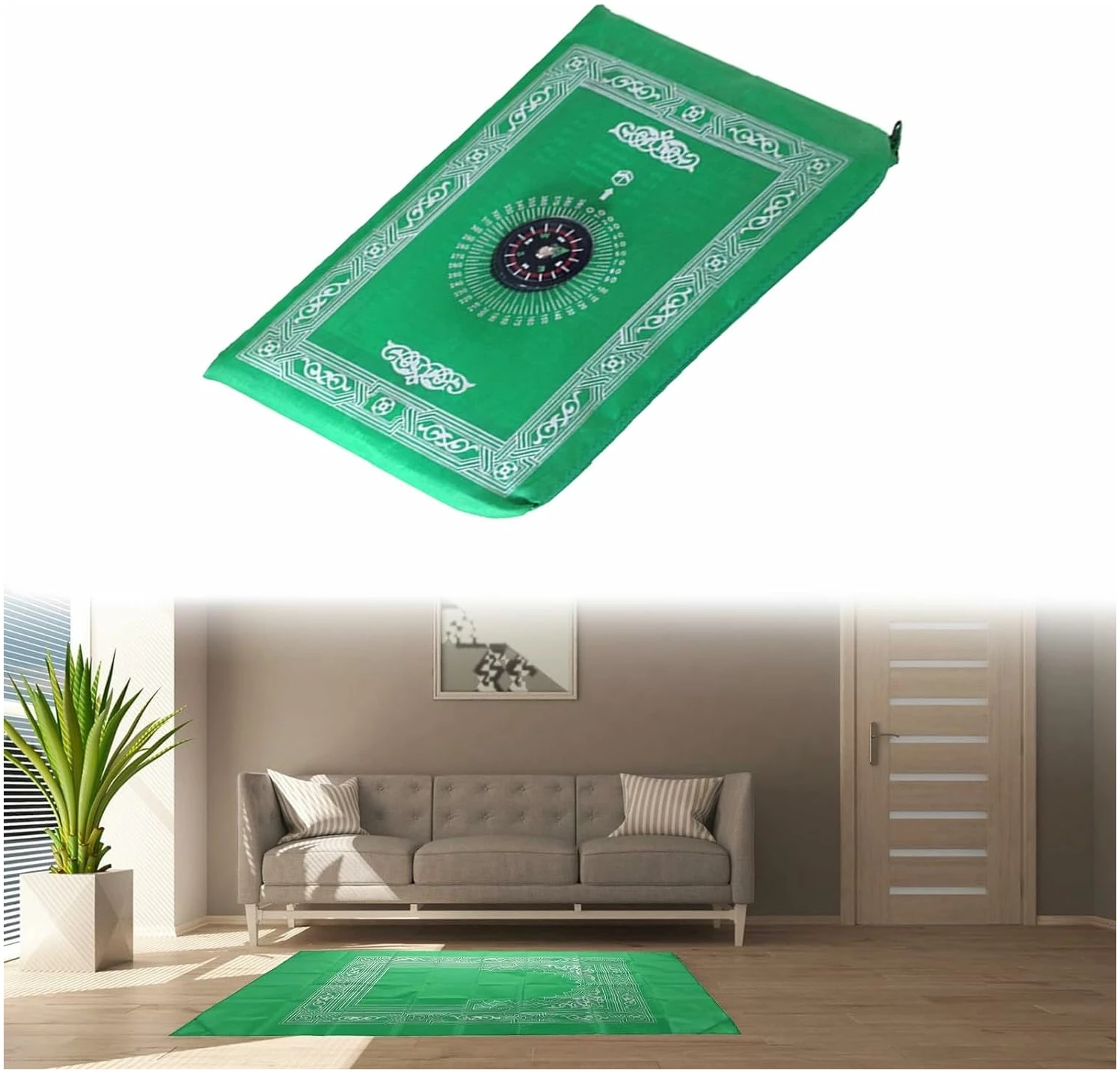 Tapis de Priere de Poche,Portable Couleur Tapis,Tapis de prière de Voyage,Tapis de Prière,Tapis de Prière Etanche avec Boussole,60 x 100cm (Vert)
