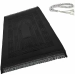 Tapis de prière Islamique – Grand Sajadah épais pour Enfants, Hommes, Femmes avec Perles de prière Islamique pour l'Aïd, Voyage, Ramadan, Doux et Luxueux et idéal pour Les Genoux et Le Front (Noir)