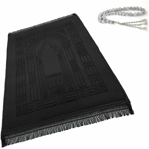 Tapis de prière Islamique – Grand Sajadah épais pour Enfants, Hommes, Femmes avec Perles de prière Islamique pour l'Aïd, Voyage, Ramadan, Doux et Luxueux et idéal pour Les Genoux et Le Front (Noir)