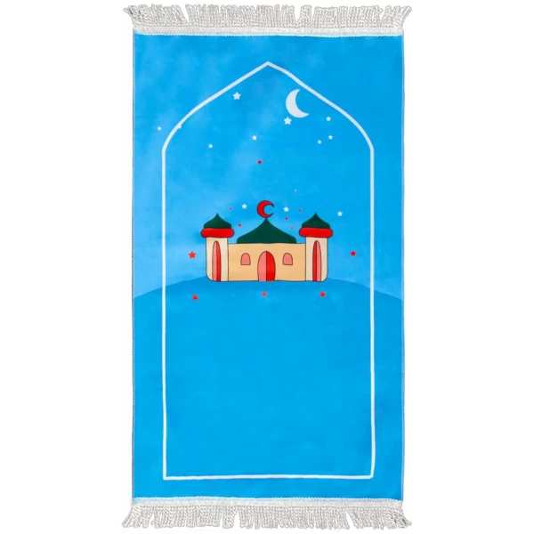Tapis de prière islamique pour enfants - Motif dessin animé - Janamaz - Sajadah - Cadeau de salah, Ramadan et l'Aïd pour garçons/filles (maison bleue)