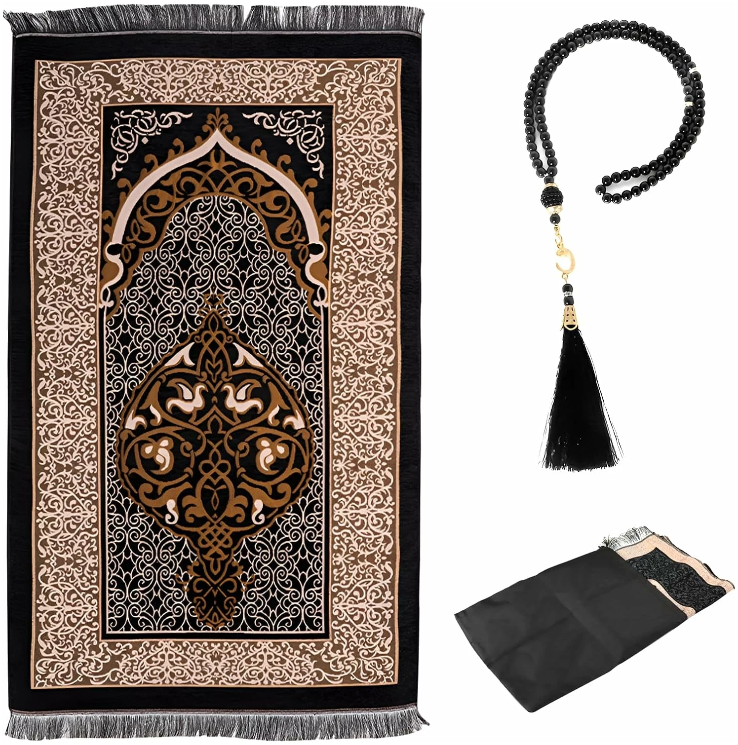 Tapis de Prière Musulman 70×110cm avec Chapelet et Sac à Cordon | Janamaz | Sajadah | Doux Portable Tapis de Prière Islamique Musulman avec Pochette, Cadeau de Prière Ramadan - Noir