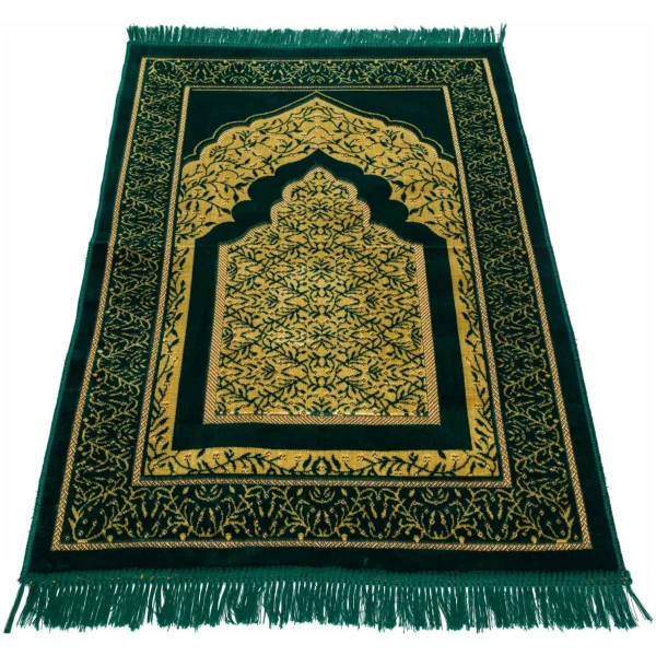Tapis de prière islamique en velours pour musulmans, tapis de prière islamique en peluche douce, Janamaz, Sajada, tapis de prière, motif La Mecque, vert foncé