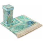 Tapis de prière Musulman Doux en Tissu Taffetas et Perles de prière avec Coffret Cadeau élégant - Janamaz - Sajadah - Bleu