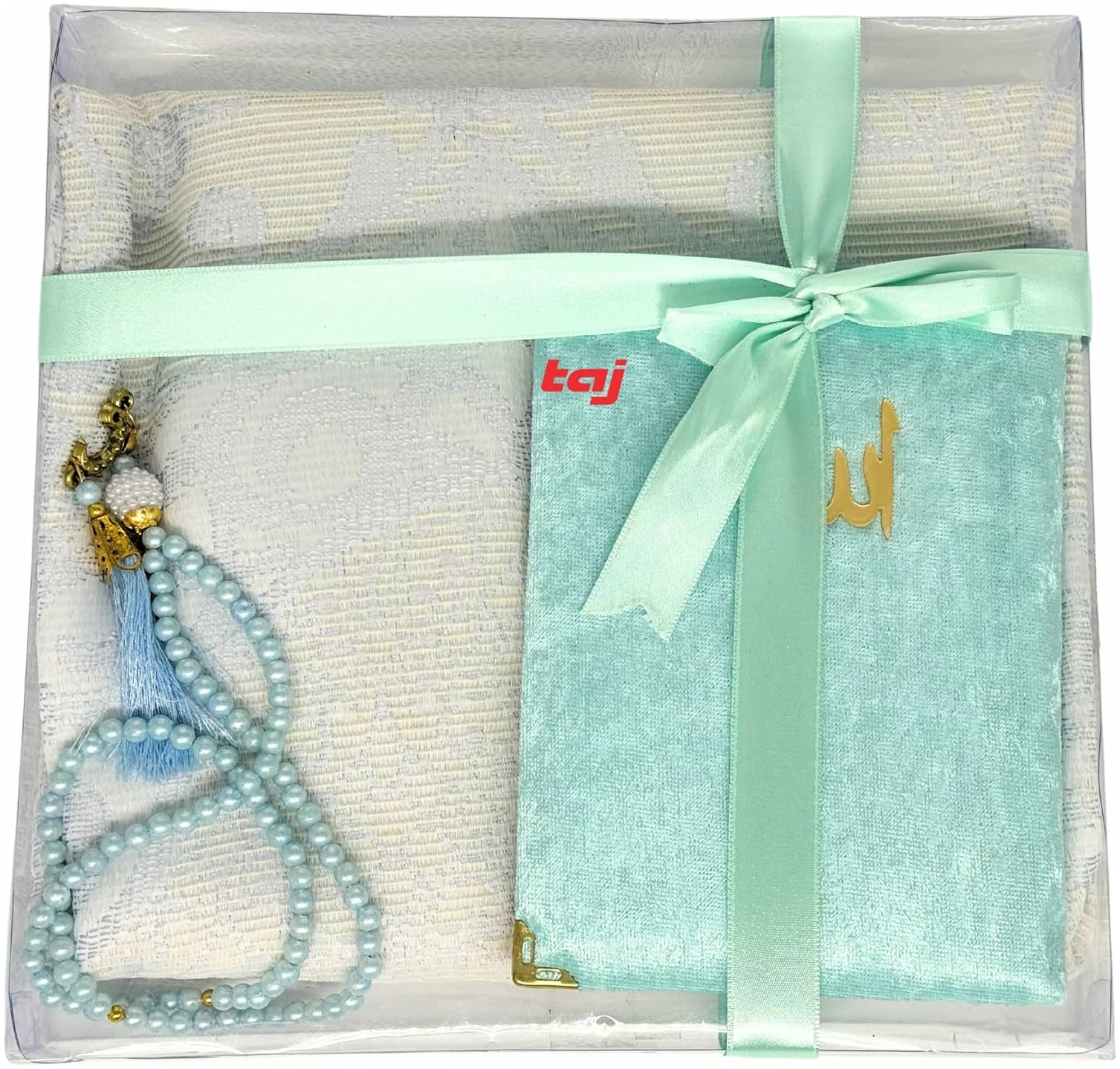 Tapis de prière islamique avec perles de Tasbih et sourate pour Omra et Hajj - Cadeau musulman parfait pour hommes, femmes et enfants (bleu clair)